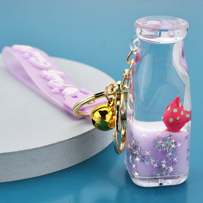 Cute Bottle Keychains with Fruit Charms, Colorful Liquid & Bells