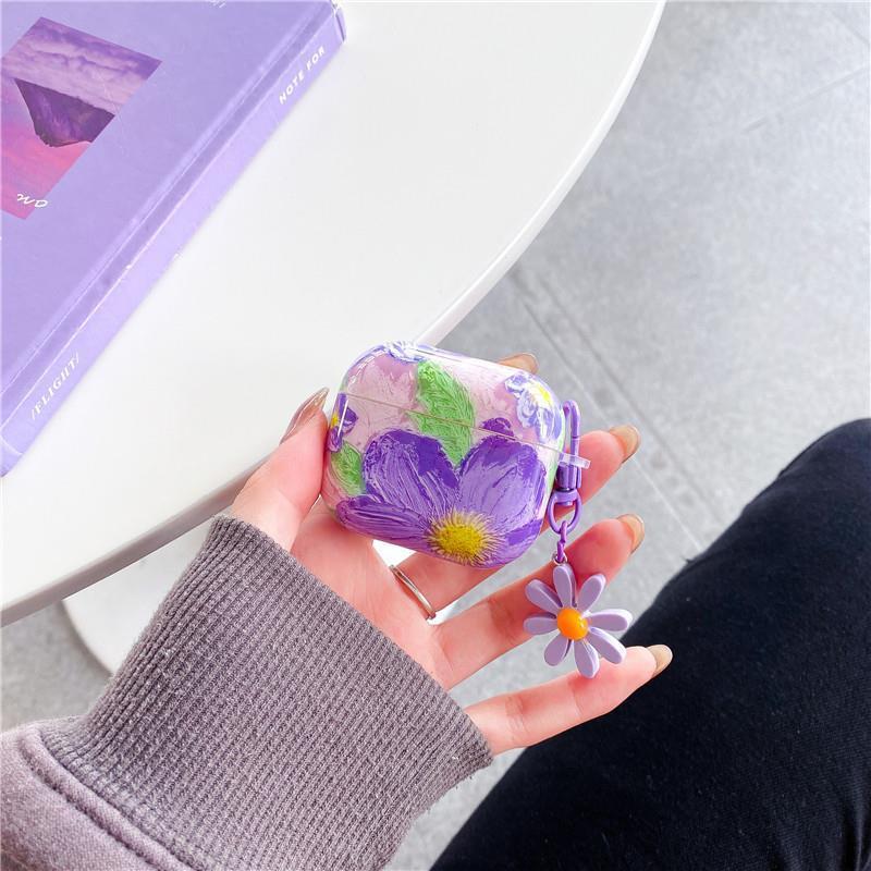 Glossy Oil Painted Floral Airpod Case with Daisy Charm Clip