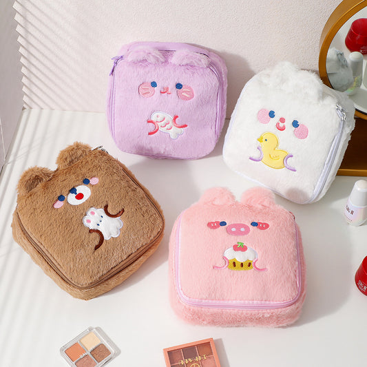 Cute Plush Animal Square Makeup Bags with Bear, Cat, Rabbit, & Pig Design