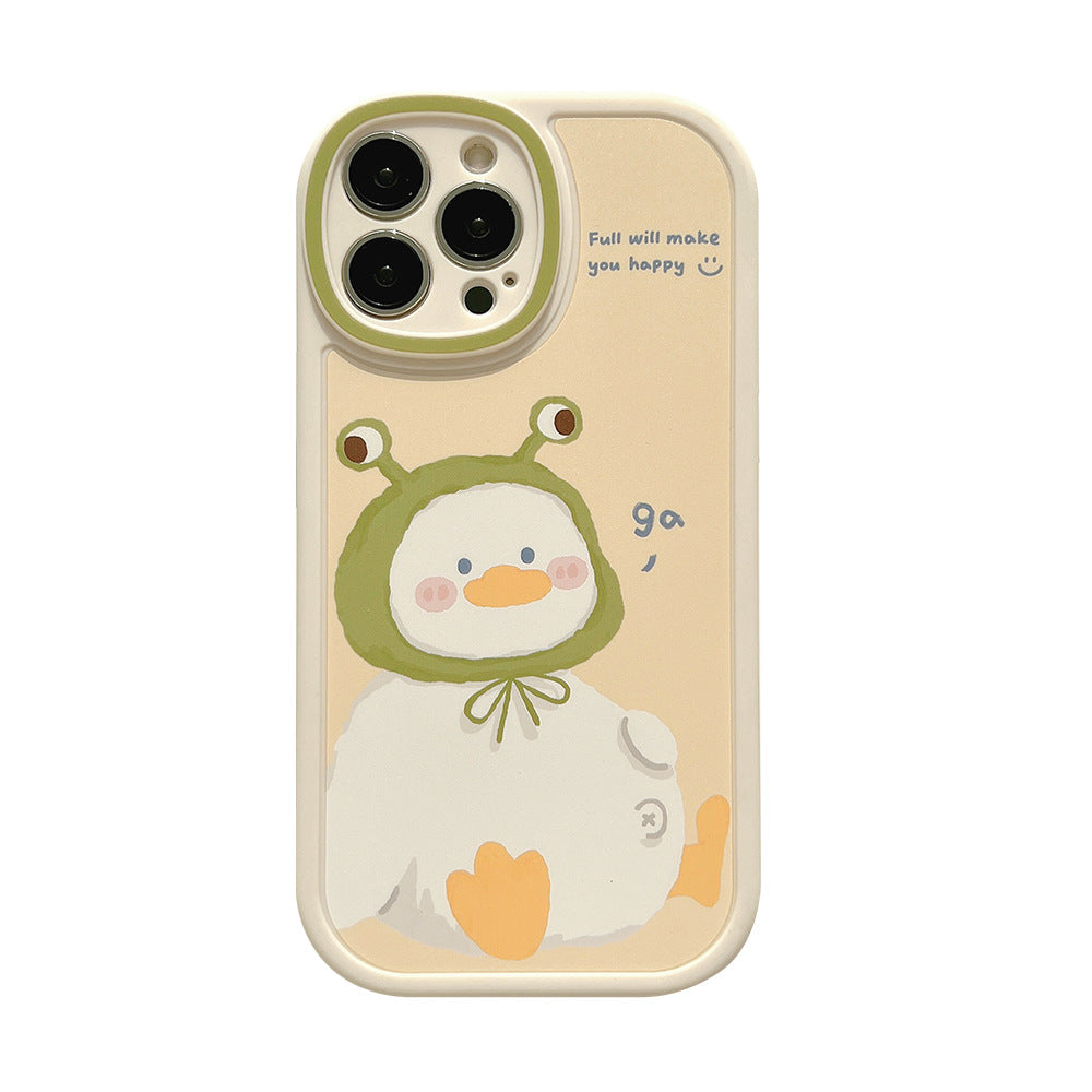 Cute White Duck Phone Case with Frog Hat Illustration & Soft Design