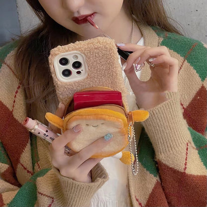 Plush Cartoon Purse Phone Case in Cute Toast Design with Soft Texture