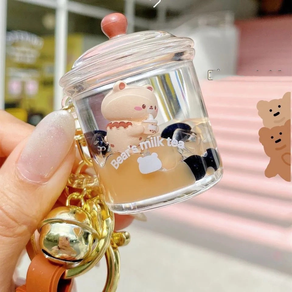 Liquid Quicksand Pearl Milk Tea Bear Keychain