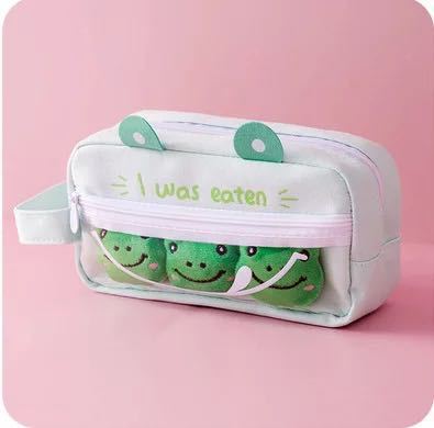 Large Canvas Pencil Case with Fun Frog & Animal Zipper Pouch Design