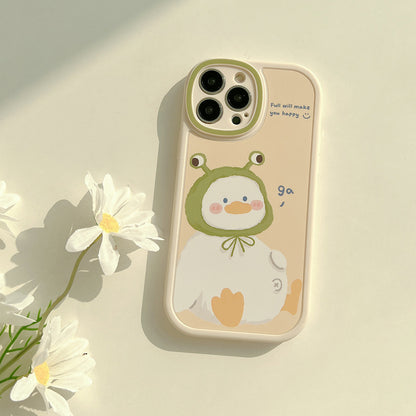 Cute White Duck Phone Case with Frog Hat Illustration & Soft Design