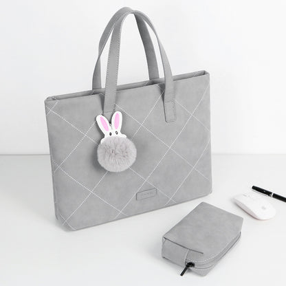 Elegant Laptop Case for Women with Handle, Charger Pouch & Bunny Fur Ball Charm