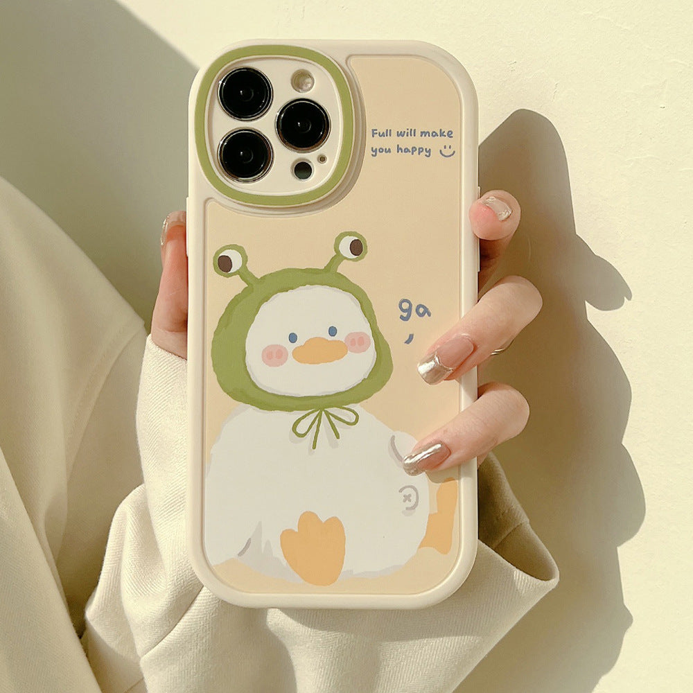 Cute White Duck Phone Case with Frog Hat Illustration & Soft Design