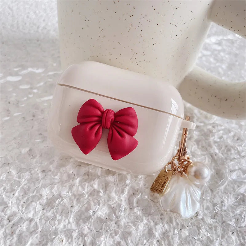 3D Red Bow AirPod Case with Pearl & Shell Charm