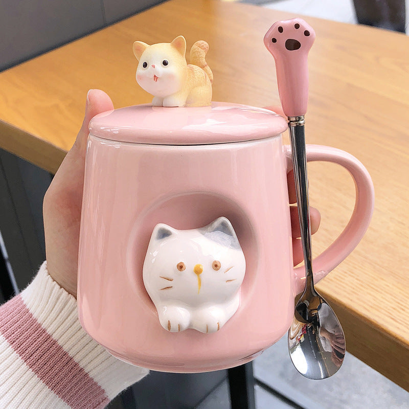 Cat-Themed Ceramic Coffee Mugs with Lid, Spoon and Straw