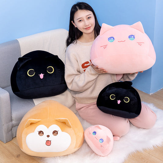 Round Pink & Black Cat & Shiba Inu Plush Pillow with Bright Eyes & Soft Fur