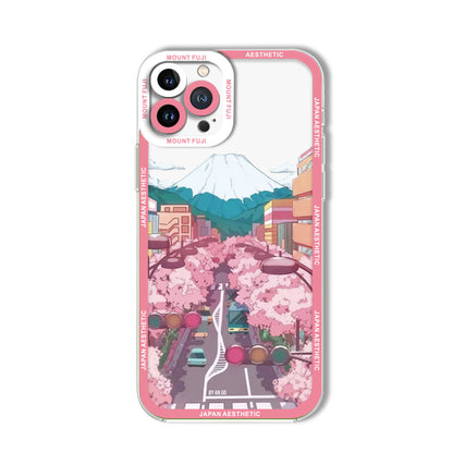 Japanese Aesthetic Transparent Shockproof Phone Case – City & Mount Fuji Design